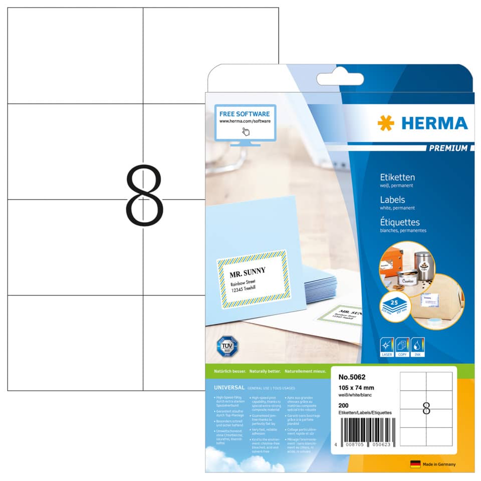 Etiketten Premium permanent, 105x74mm, 200 Stück, weiß HERMA 5062 HERMA 5062 200 Stück permanent haftend
