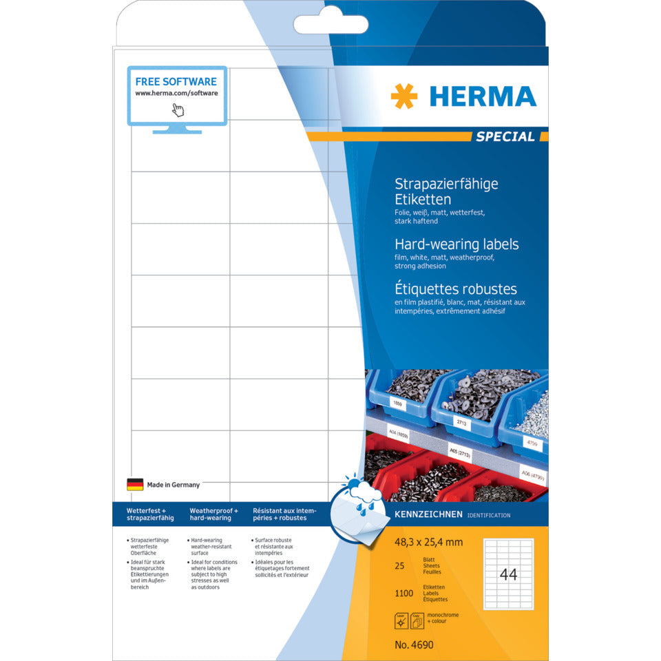 Folienetiketten stark haftend, 48,3x25,4mm, wetterfest, 1100 Stück, weiß HERMA 4690 HERMA 4690 wetterf. extra stark haft.