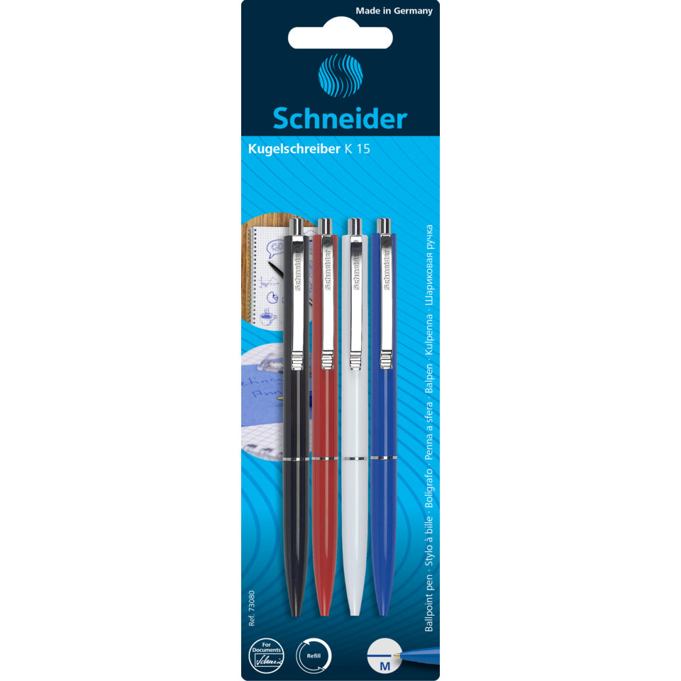 Kugelschreiber K 15, Druckmechanik, M, blau, 4er Blisterkarte sortiert SCHNEIDER 73080