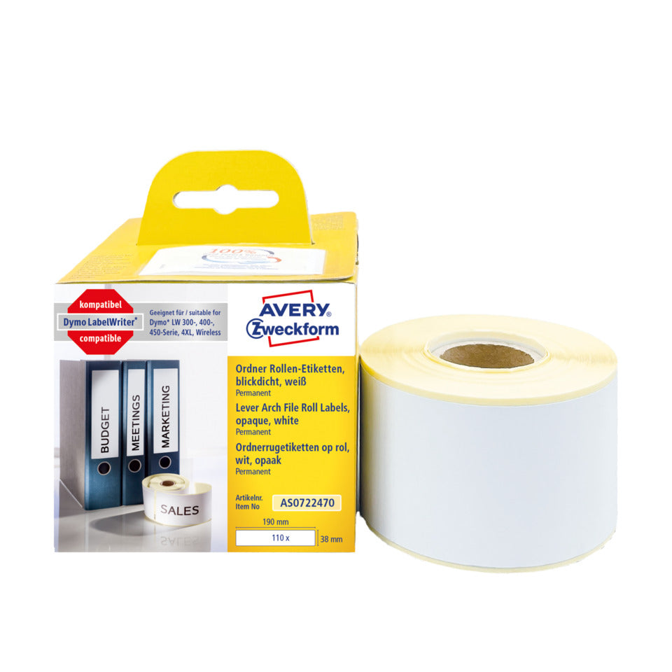 Rollen-Etiketten permanent, 38x190mm, 110 Stück, weiß AVERY ZWECKFORM AS0722470 AVERY ZWECKFORM AS0722470 perman.