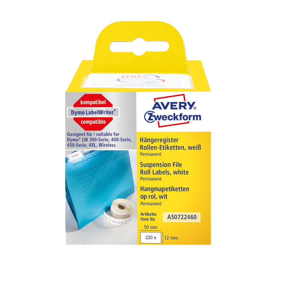 Rollen-Etiketten permanent, 12x50mm, 220 Stück, weiß AVERY ZWECKFORM AS0722460 ZWECKFORM AS0722460 permanent