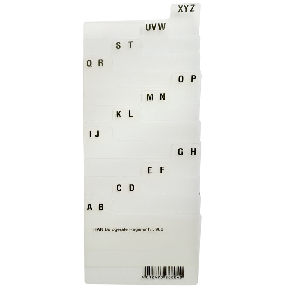 Leitregister A-Z, DIN A8 quer, 12-teilig für Karteiboxen, -kästen u. -tröge, transluzent-klar HAN 988D HAN 988 12tlg