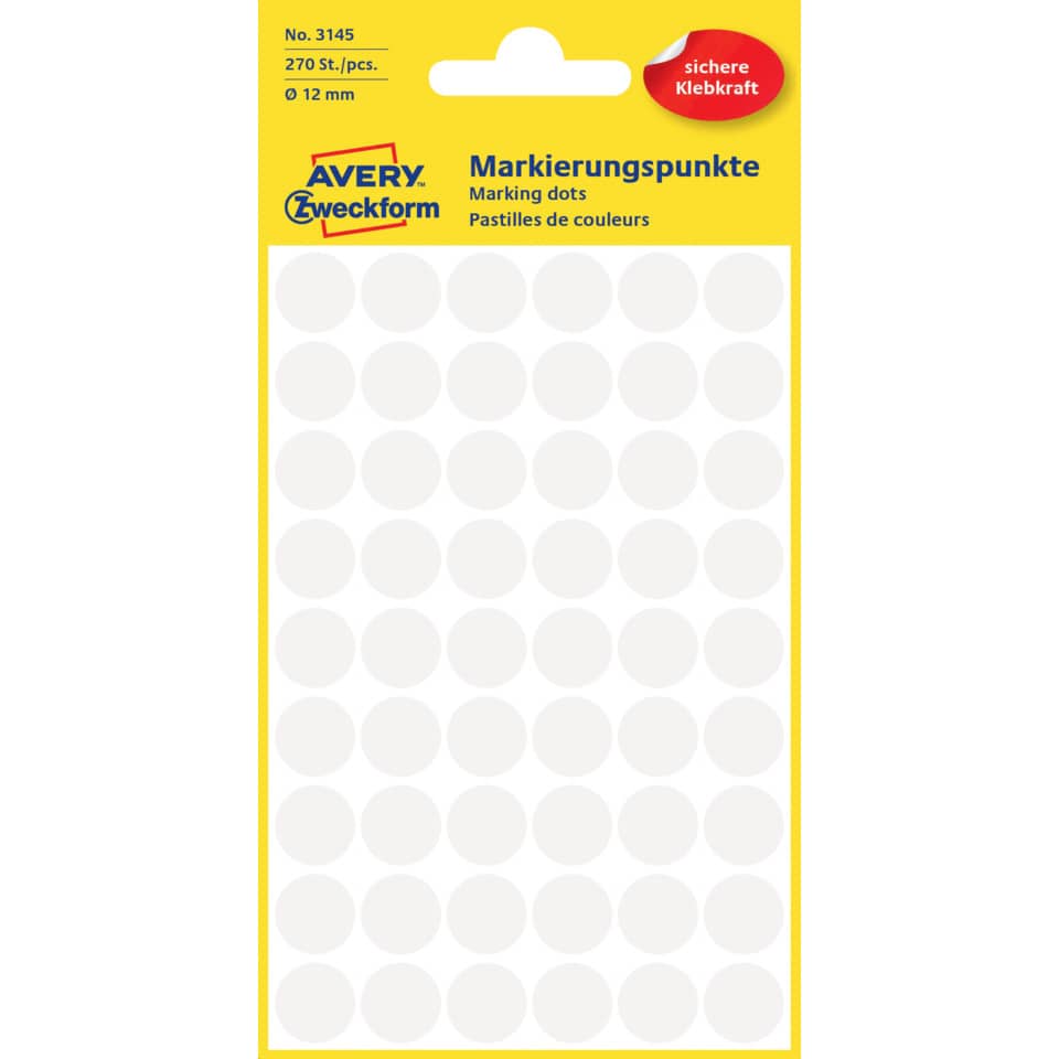 Markierungspunkte, Ø12mm, 270 Stück, weiß AVERY ZWECKFORM 3145 ZWECKFORM 3145 permanent haftend