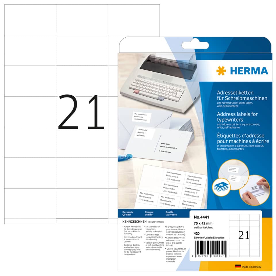 Adressetiketten permanent, 70 x 42 mm, 420 Stück, weiß HERMA 4441 HERMA 4441 420 Stück permanent haftend
