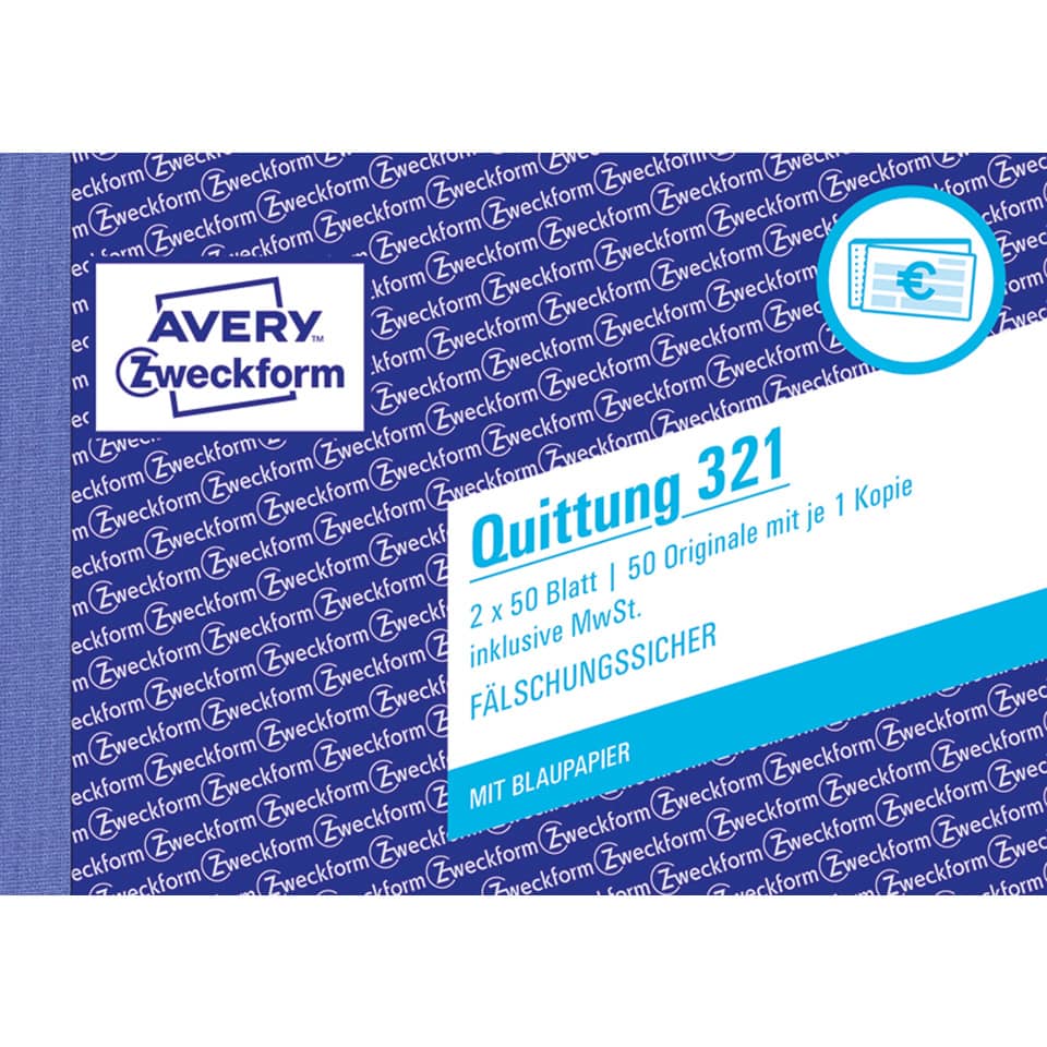 Quittung inkl. MwSt., A6 quer, Blaupapier, 2x50 Blatt AVERY ZWECKFORM 321 ZWECKFORM 321 o,Mwst,Nachw,