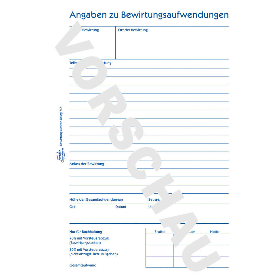 Bewirtungskostenbeleg, A5, 50 Blatt AVERY ZWECKFORM 745 ZWECKFORM 745 A5/50Bl,
