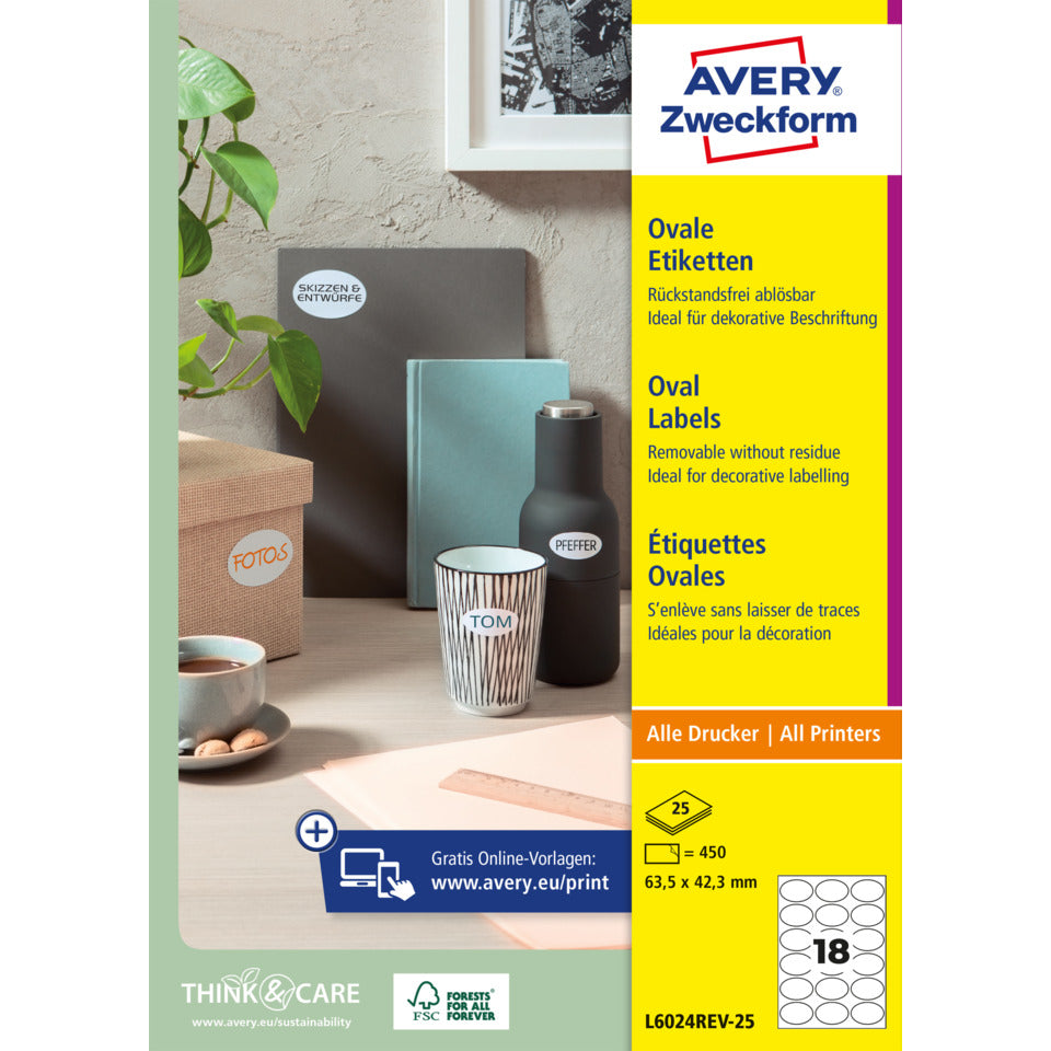 Ovale Etiketten ablösbar, 63,5x42,3mm, 450 Stück, weiß AVERY ZWECKFORM L6024REV-25 ZWECKFORM L6024REV-25 450ST