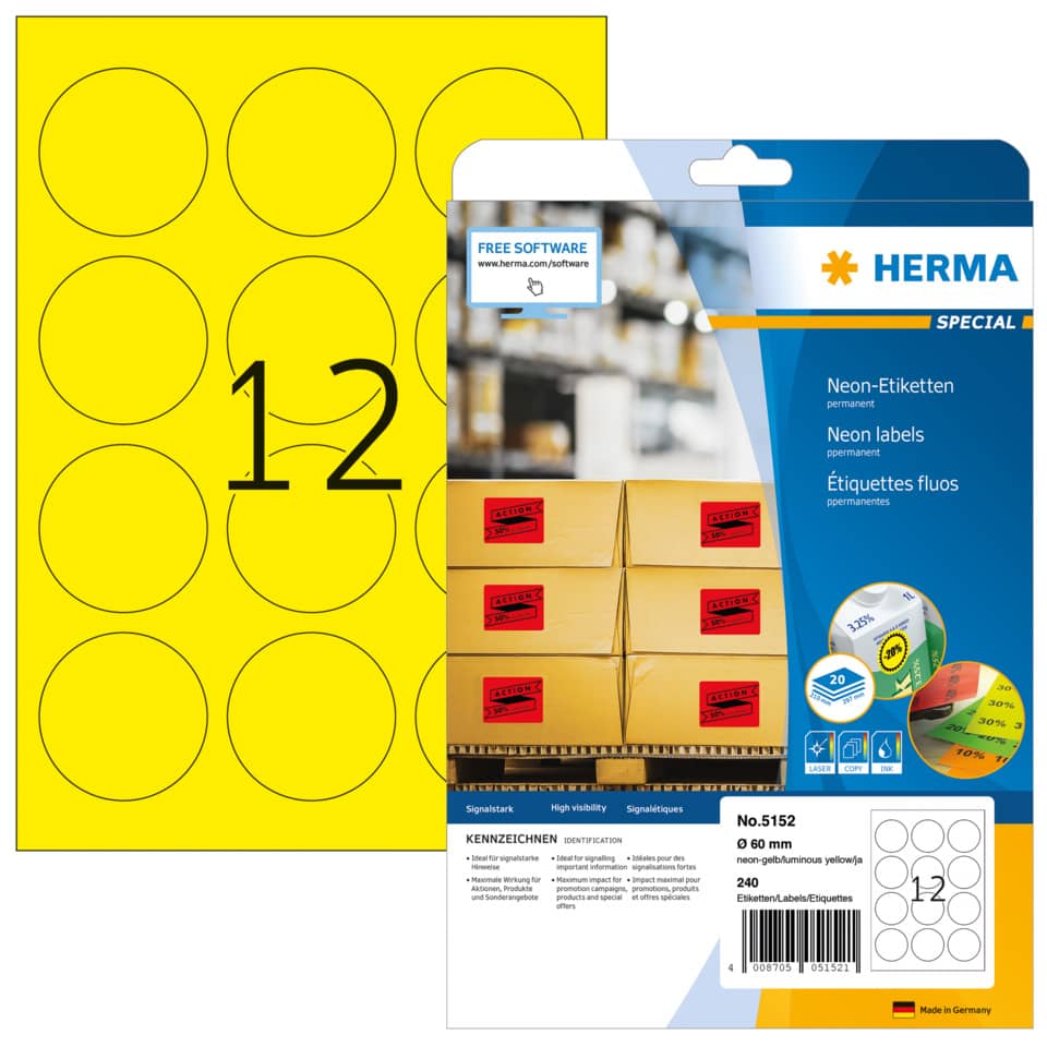 Neonetiketten permanent, Ø60mm, 240 Stück leuchtgelb HERMA 5152 HERMA 5152  300 Stück