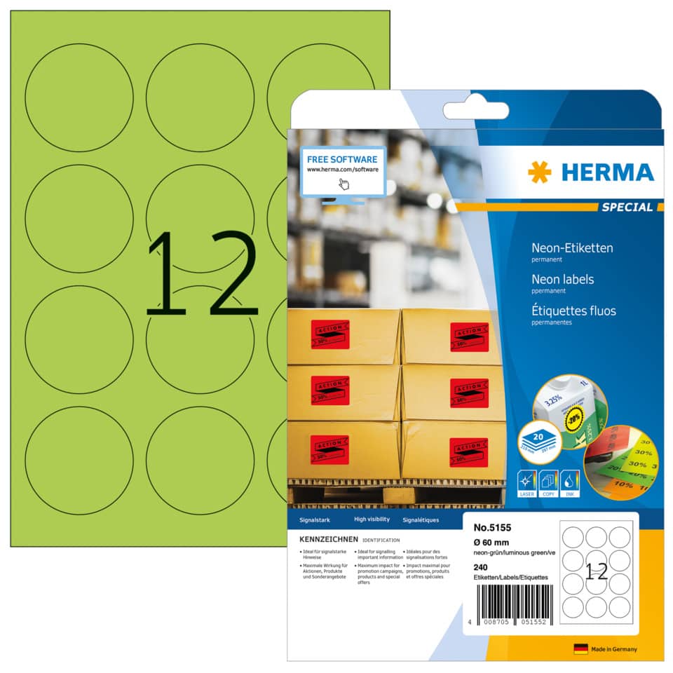 Neonetiketten permanent, Ø60mm, 240 Stück leuchtgrün HERMA 5155 HERMA 5155  240 Stück permanent haftend