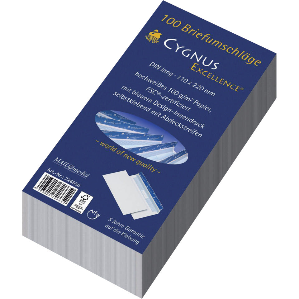 Briefumschlag ohne Fenster, DIN lang, 100g/m², haftklebend, 100 Stück, weiß CYGNUS EXCELLENCE 30002392 CYGNUS EXCELLENCE 30002392 100ST