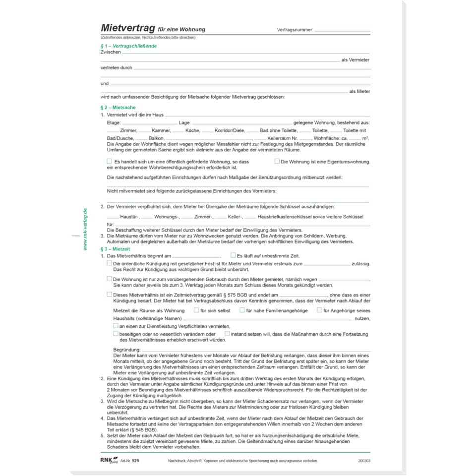 Mietvertrag für Wohnungen - ausführlich, DIN A4, 10 Stück RNK 525/10 RNK 525/10 Pg10St