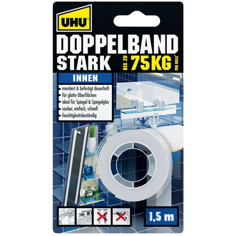 Montageband DOPPELBAND STARK, für den Innenbereich, 1,5 m x 19 mm, Blister UHU 46855 UHU 46855 Infokarte 19 mm 1,5m