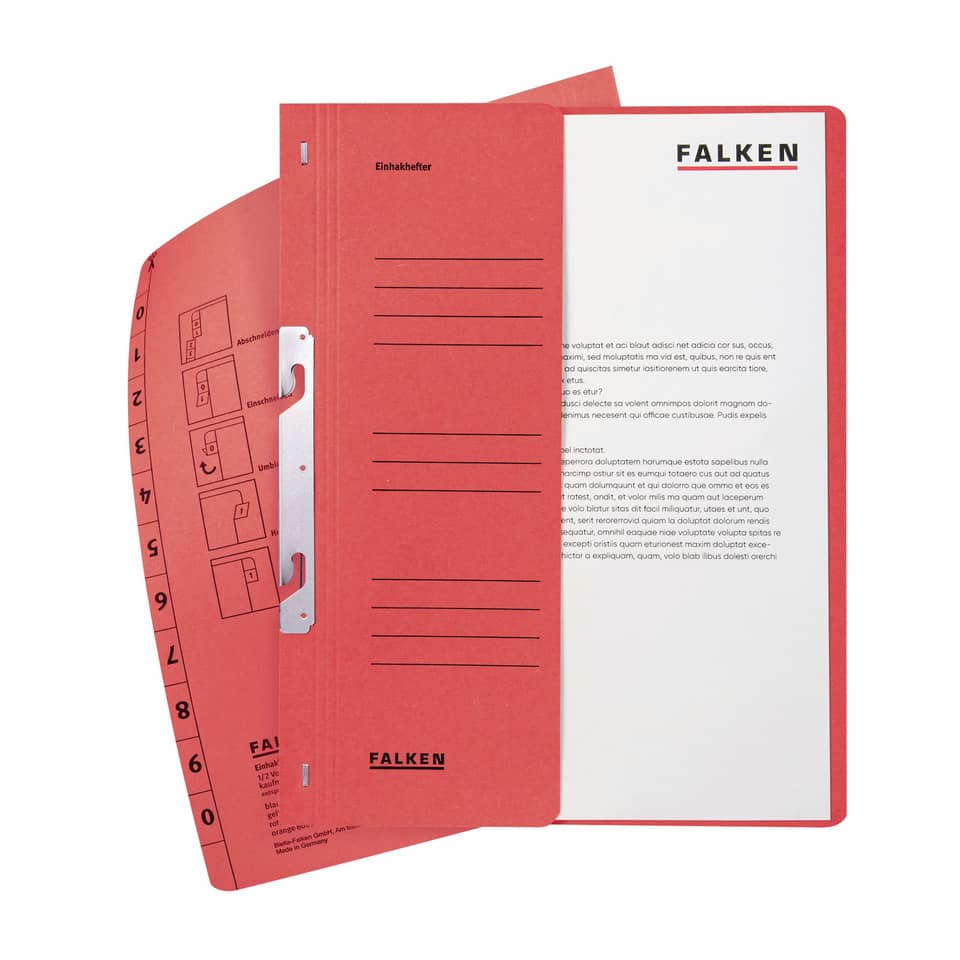 Einhakhefter, A4, halber Vorderdeckel, kaufmännische Heftung, rot FALKEN 80004005 FALKEN 80004005 1/2 Deckel