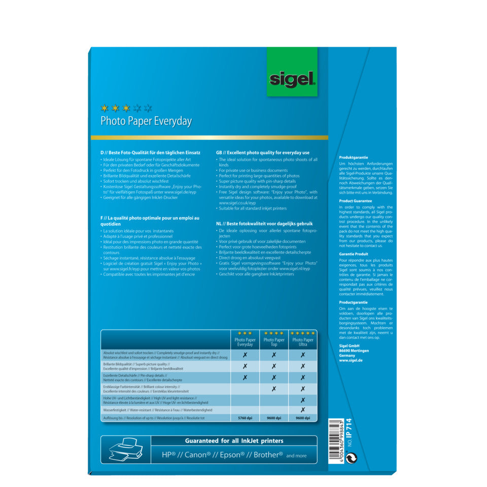 Inkjet Fotopapier Everyday, A4, 170g/m², 50 Blatt, weiß SIGEL IP714 SIGEL IP714 Everyday P 170g