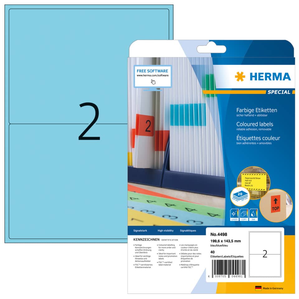 Etiketten ablösbar, 199,6 x 143,5 mm, 40 Stück, blau HERMA 4498 HERMA 4498  40 Stück