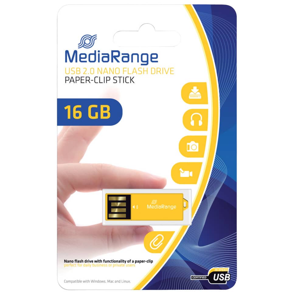 USB Stick 2.0 ClipOn, 16 GB, gelb MEDIARANGE MR976 MEDIA RANGE MR976 16GB