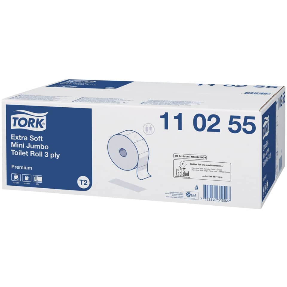 Toilettenpapier Premium System T2, 3-lagig, 12 Rollen á 600 Blatt, weiß TORK 110255 TORK 110255 Mini Jumbo