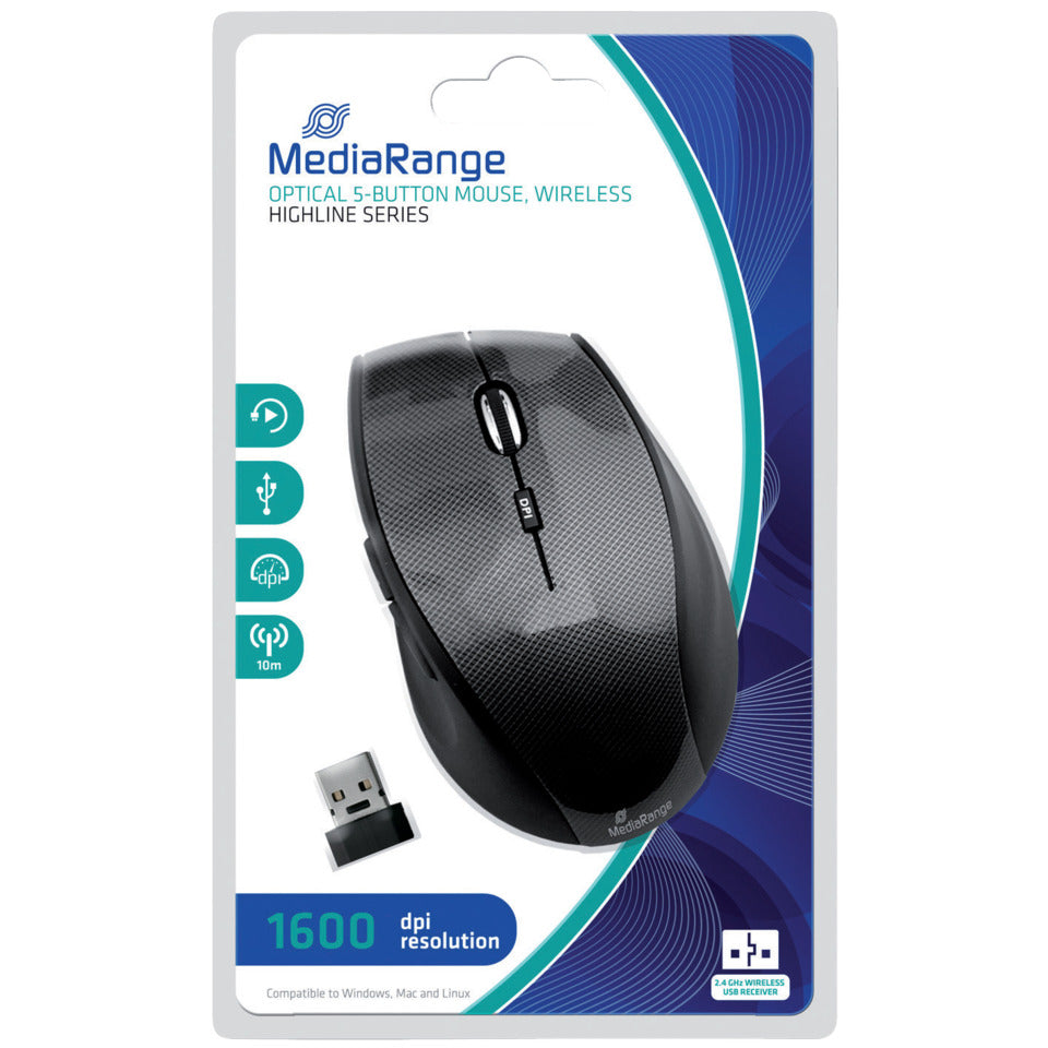 Maus Wireless - Rechtshänder, 5 Tasten, 1600dpi, optisch, schwarz/grau MEDIARANGE MROS207