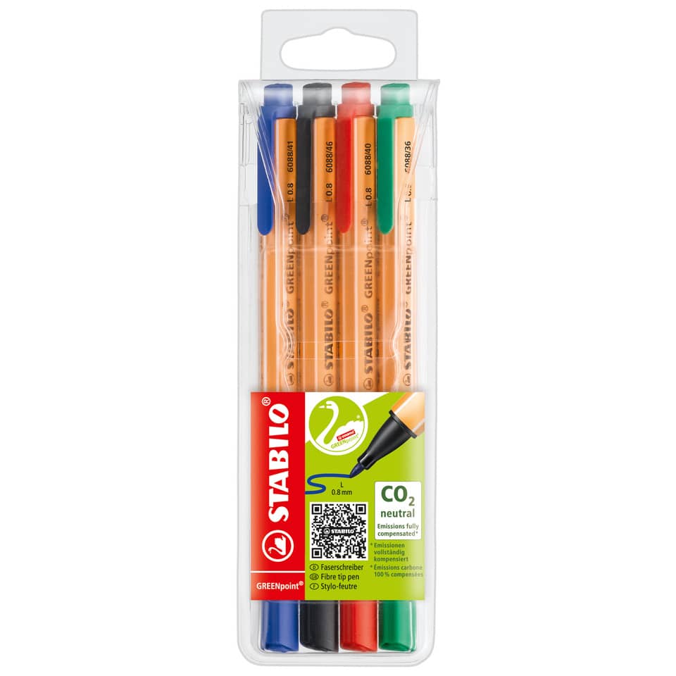 Faserschreiber GREENpoint®, 0,8 mm, Etui mit 4 Stiften STABILO 6088/4 STABILO 6088/4  fbg. sortiert
