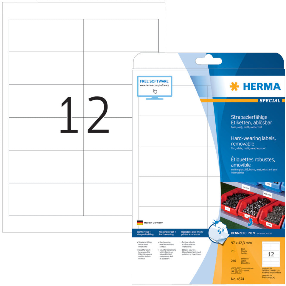 Wetterfeste Folien-Etiketten A4, 97,0 x 42,3 mm, weiß, wiederablösbar HERMA 4574 HERMA 4574 Outdoor