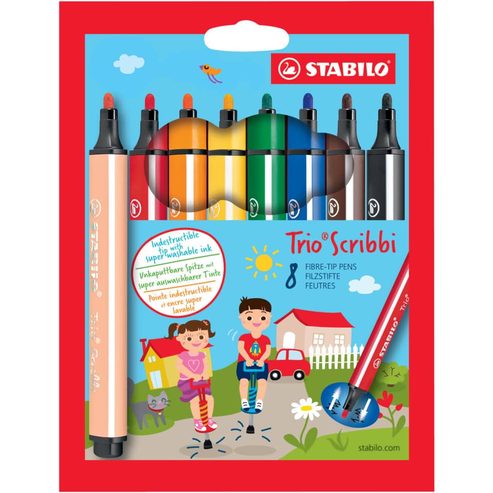 Fasermaler Trio® Scribbi Etui, 1,5 - 2,0 mm, sortiert, Etui mit 8 Stiften STABILO 368/8-01