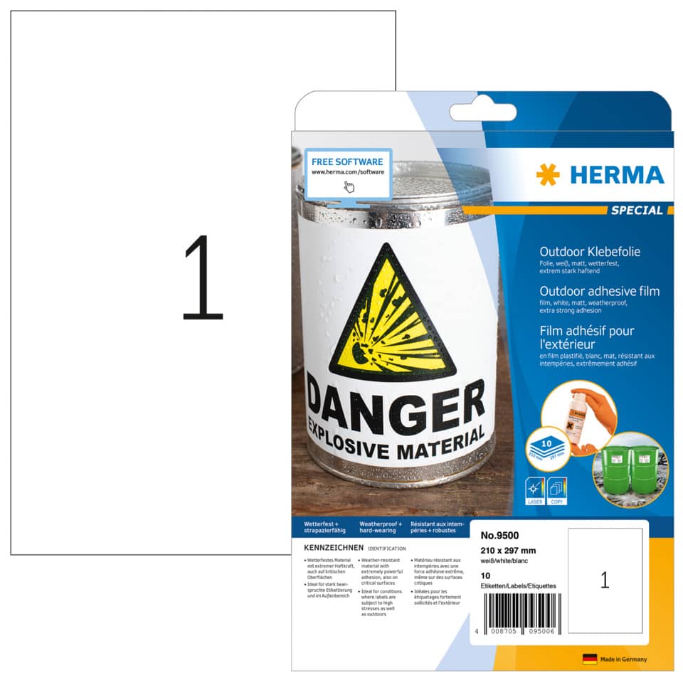 Folienetiketten stark haftend, 210x297mm, wetterfest, 10 Stück, weiß HERMA 9500 HERMA 9500 wetterf. 10 St. extra stark