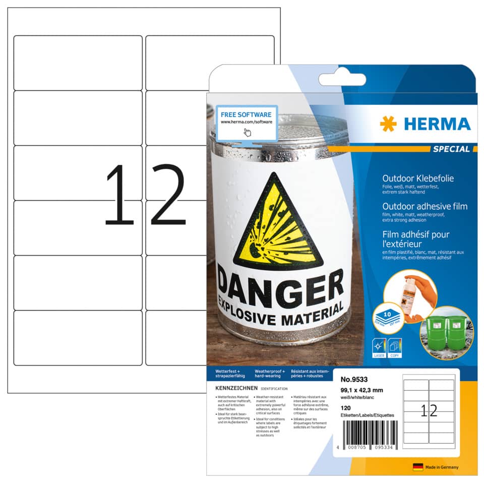 Folienetiketten stark haftend, 99,1x42,3mm, wetterfest, 120 Stück, weiß HERMA 9533 HERMA 9533 wetterf. 120 St. extra stark