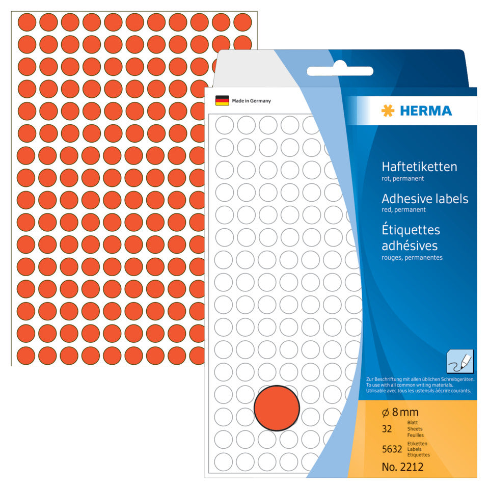 Etiketten permanent, Ø8mm, 5632 Stück, rot HERMA 2212 HERMA 2212 Farbpunkte