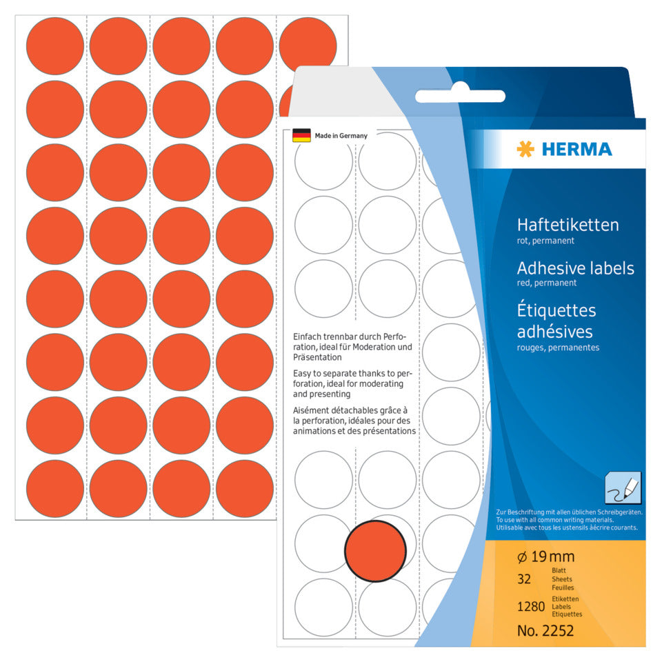Etiketten permanent, Ø19mm, 1280 Stück, rot HERMA 2252 HERMA 2252 1280 Stück permanent haftend