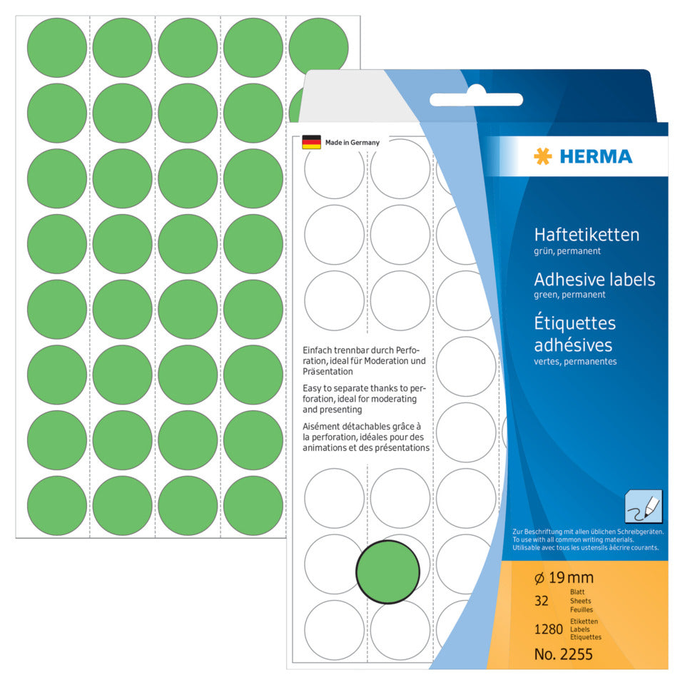 Etiketten permanent, Ø19mm, 1280 Stück, grün HERMA 2255 HERMA 2255 1280 Stück permanent haftend