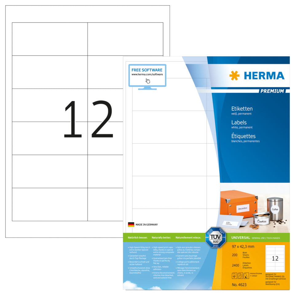 Etiketten Premium permanent, 97x42,3mm, 2400 Stück, weiß HERMA 4623 HERMA 4623 2400 Stück permanend haftend