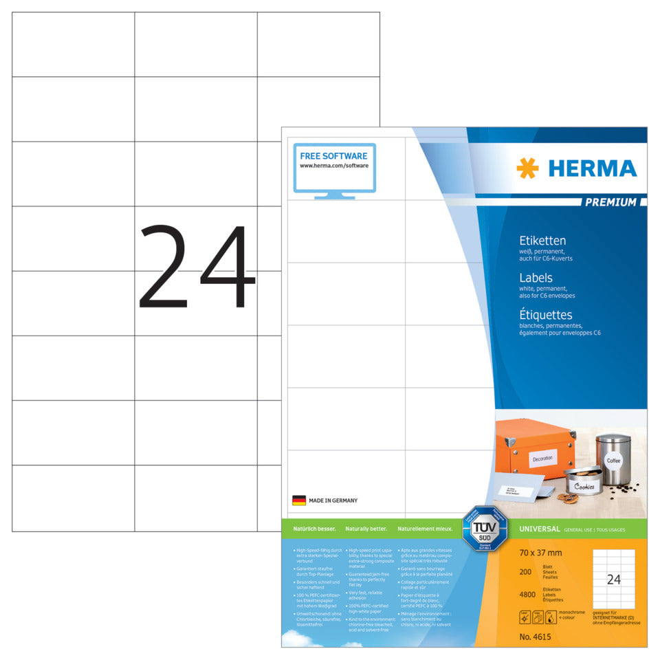 Etiketten Premium permanent, 70x37mm, 4800 Stück, weiß HERMA 4615 HERMA 4615 4800 Stück permanent haftend