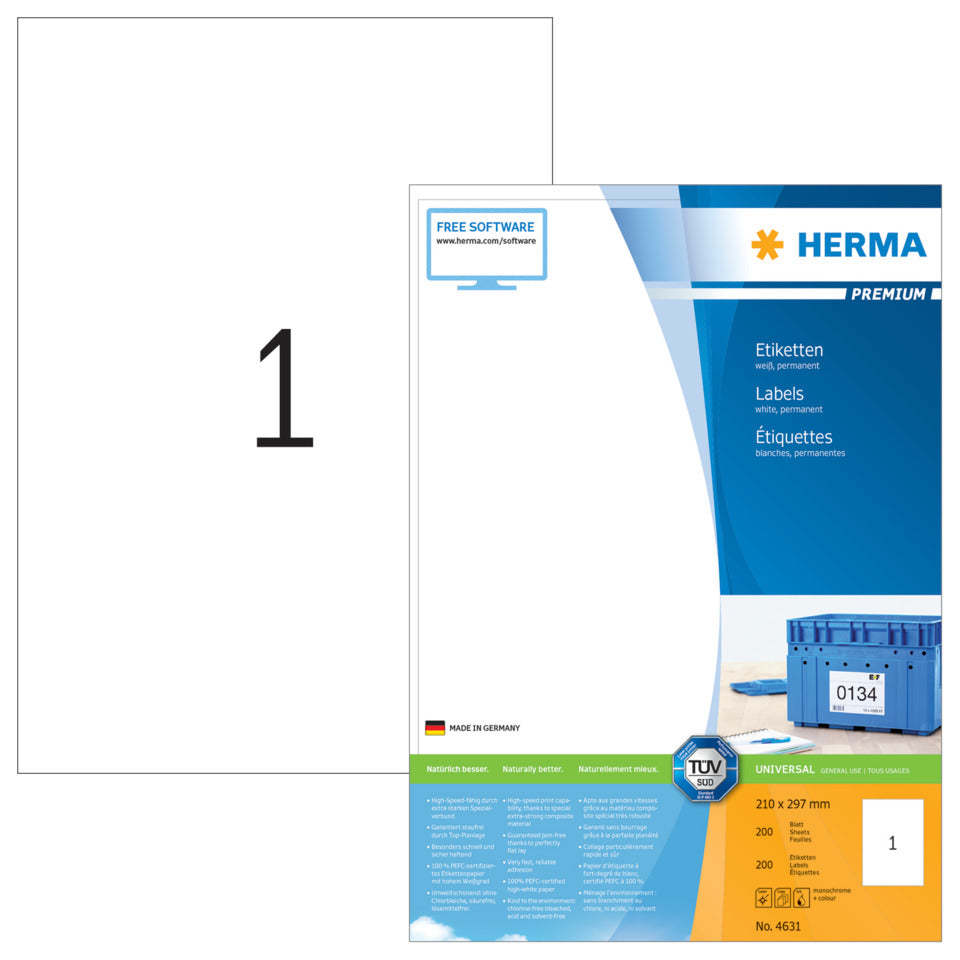 Etiketten Premium permanent, 297x210mm, 200 Stück, weiß HERMA 4631 HERMA 4631  200 Stück permanent haftend