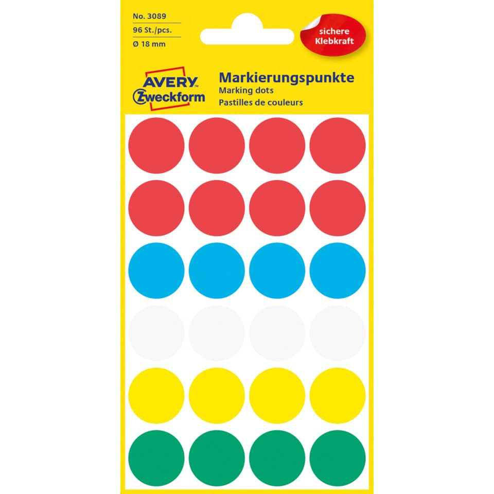Markierungspunkte, Ø18mm, 96 Stück, sortiert AVERY ZWECKFORM 3089 ZWECKFORM 3089 permanent haftend