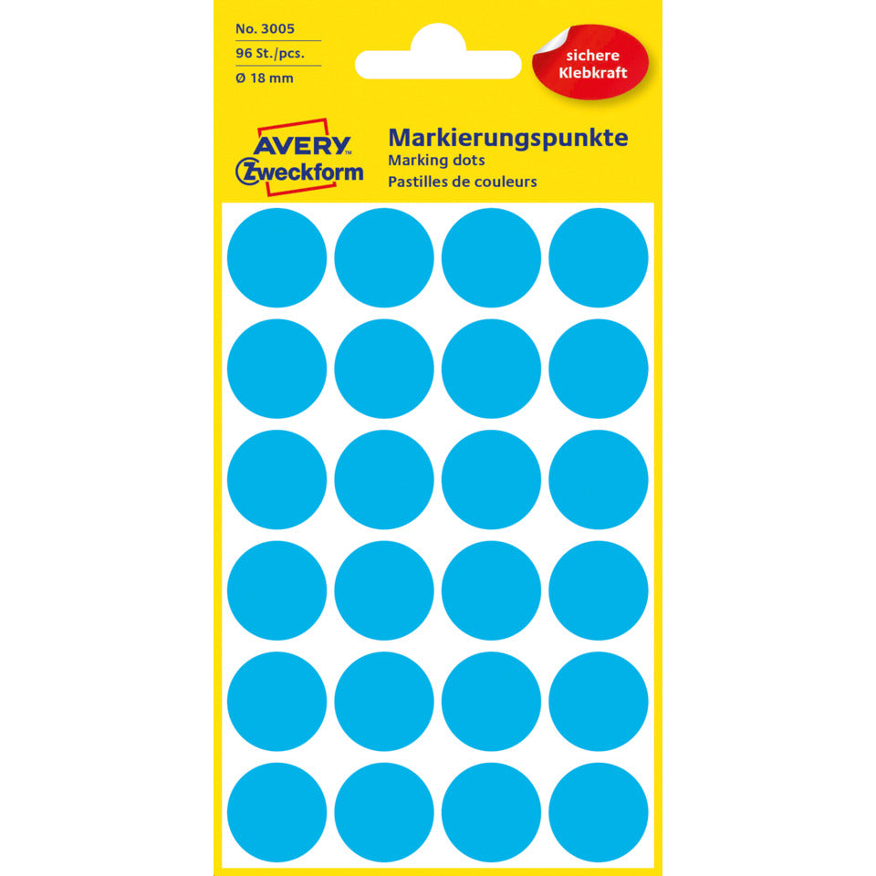 Markierungspunkte, Ø18mm, 96 Stück, blau AVERY ZWECKFORM 3005 ZWECKFORM 3005 permanent haftend