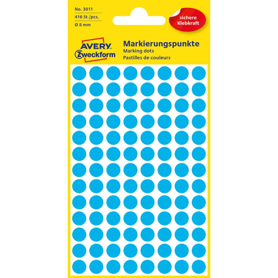 Markierungspunkte, Ø8mm, 416 Stück, blau AVERY ZWECKFORM 3011 ZWECKFORM 3011 permanent haftend