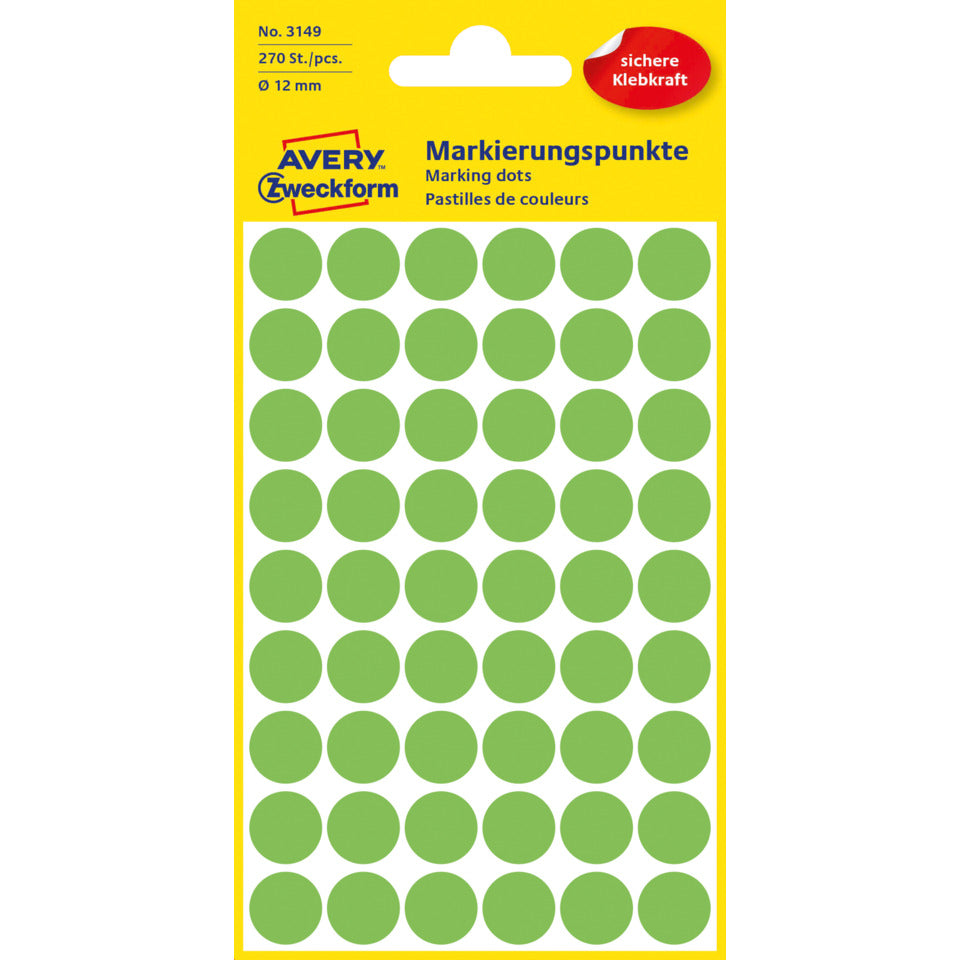 Markierungspunkte, Ø12mm, 270 Stück, leuchtgrün AVERY ZWECKFORM 3149 ZWECKFORM 3149 permanent haftend