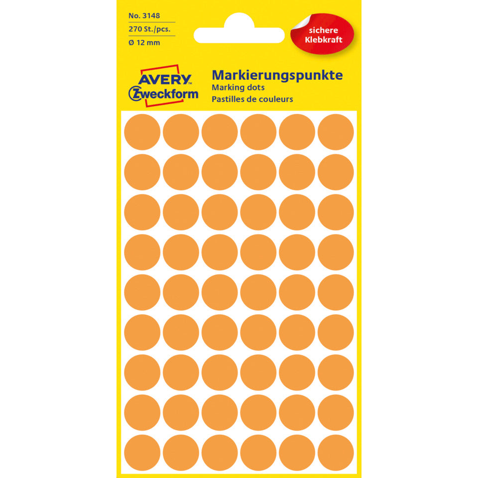 Markierungspunkte, Ø12mm, 270 Stück, leuchtorange AVERY ZWECKFORM 3148 ZWECKFORM 3148 permanent haftend