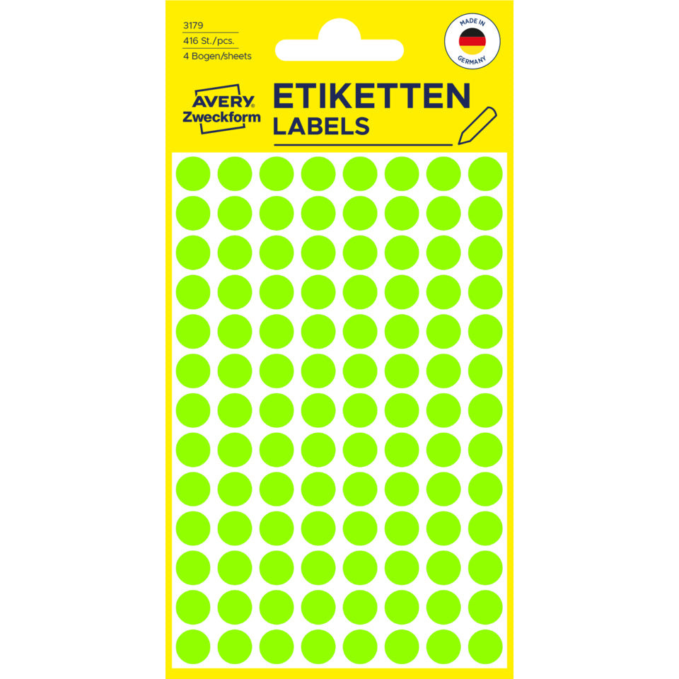 Markierungspunkte, Ø8mm, 416 Stück, leuchtgrün AVERY ZWECKFORM 3179 ZWECKFORM 3179 permanent haftend