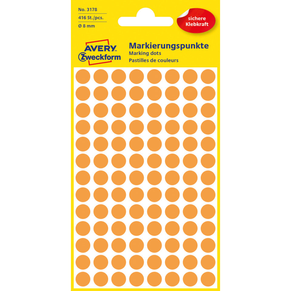 Markierungspunkte, Ø8mm, 416 Stück, neonorange AVERY ZWECKFORM 3178 ZWECKFORM 3178 permanent haftend