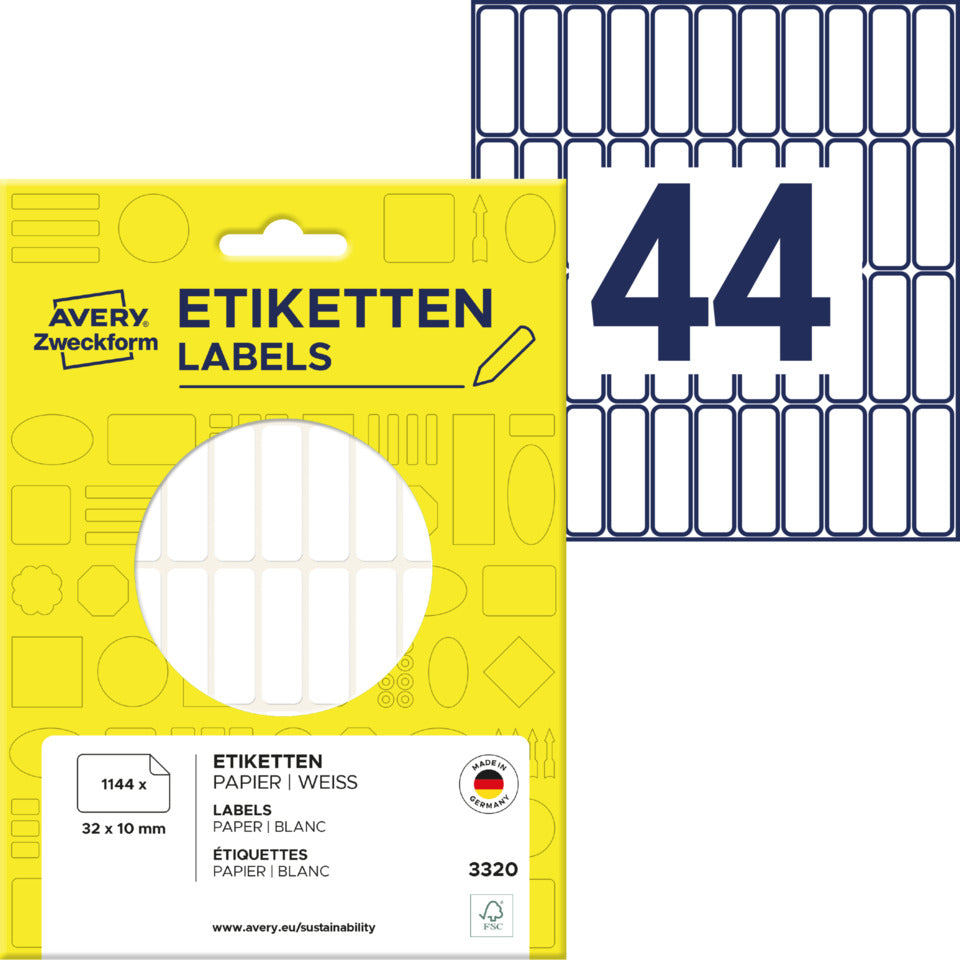 Vielzwecketiketten, 32x10mm, 1144 Stück, weiß AVERY ZWECKFORM 3320