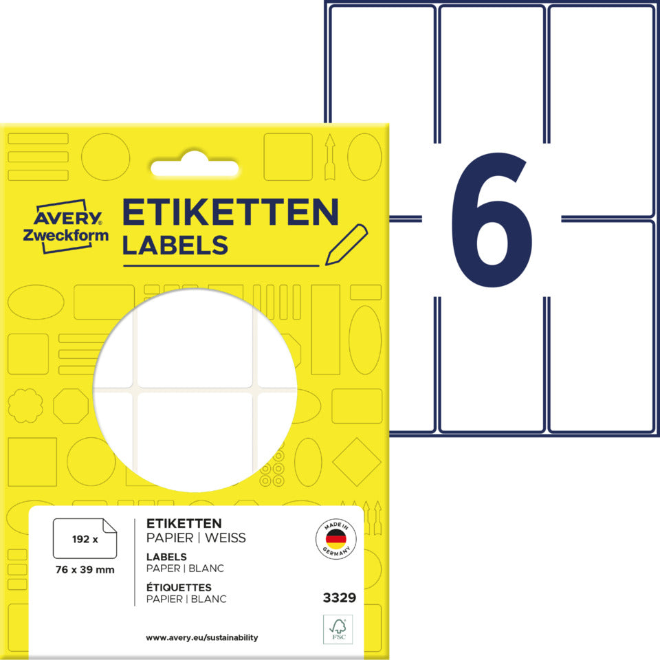 Vielzwecketiketten, 76x39mm, 192 Stück, weiß AVERY ZWECKFORM 3329