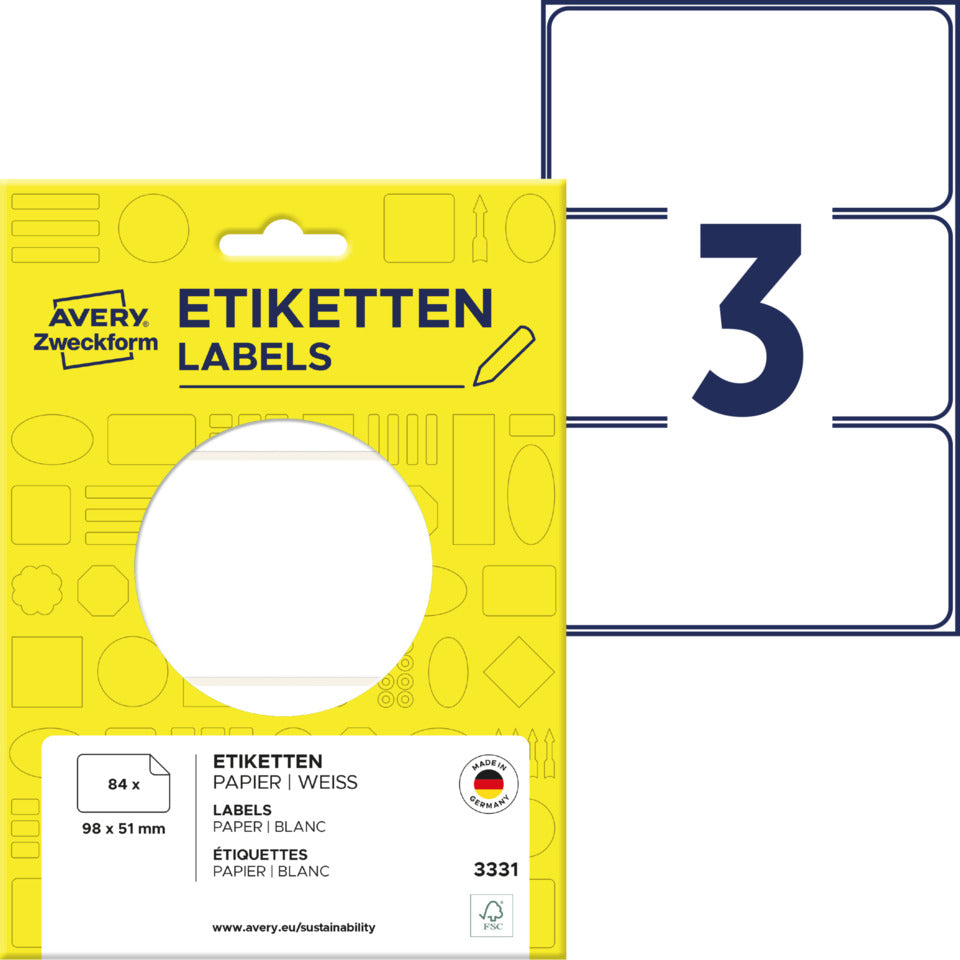 Vielzwecketiketten, 98x51mm, 84 Stück, weiß AVERY ZWECKFORM 3331