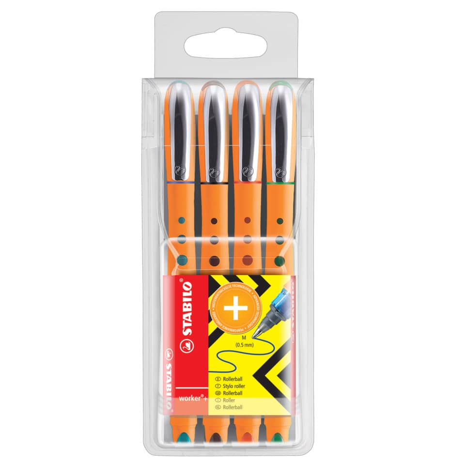 Tintenroller worker®+ medium, 0,5 mm, Kunststoffetui mit 4 Stiften STABILO 2018/4 STABILO Bionic 2018/4