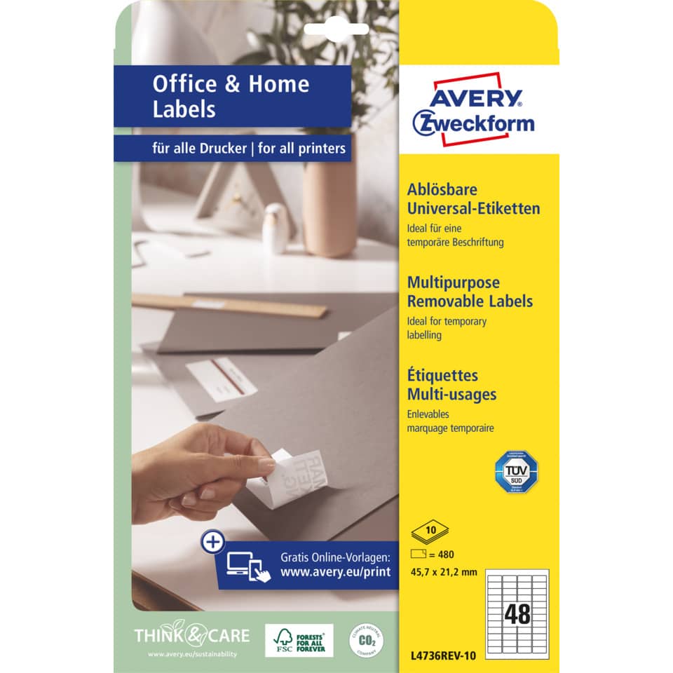 Universaletiketten ablösbar, 45,7x21,2mm, 480 Stück, weiß AVERY ZWECKFORM L4736REV-10 ZWECKFORM L4736REV-10  480St