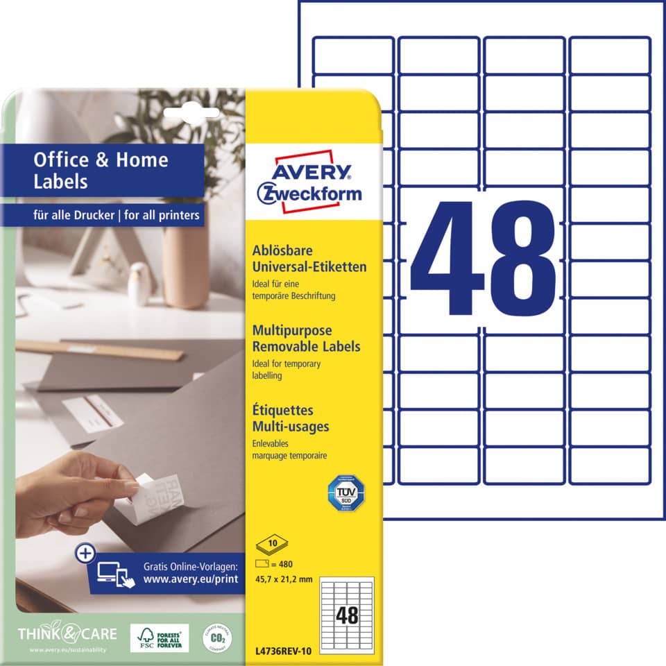 Universaletiketten ablösbar, 45,7x21,2mm, 480 Stück, weiß AVERY ZWECKFORM L4736REV-10 ZWECKFORM L4736REV-10  480St