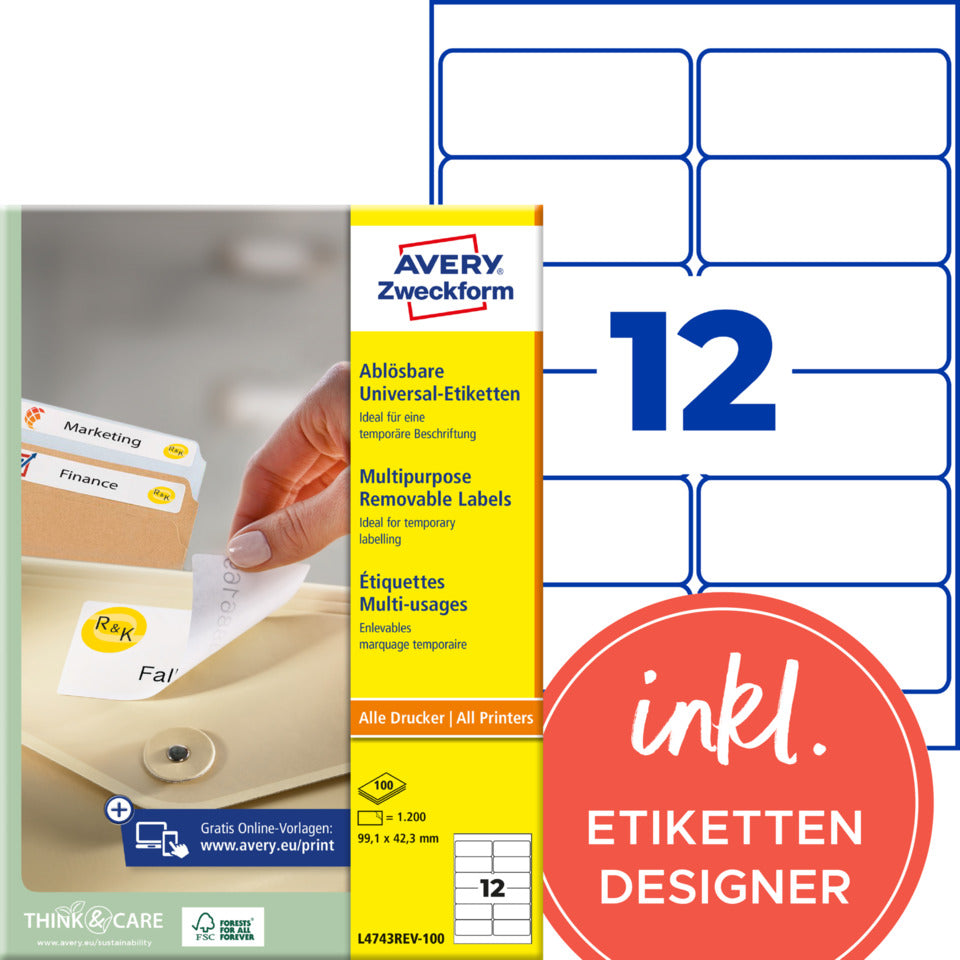 Universaletiketten ablösbar, 99,1x42,3mm, 1200 Stück, weiß AVERY ZWECKFORM L4743REV-100 ZWECKFORM L4743REV-100  1200St