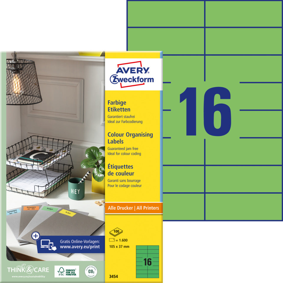 Etiketten farbig, 105x37mm, 1600 Stück, grün AVERY ZWECKFORM 3454 ZWECKFORM 3454 1600ST