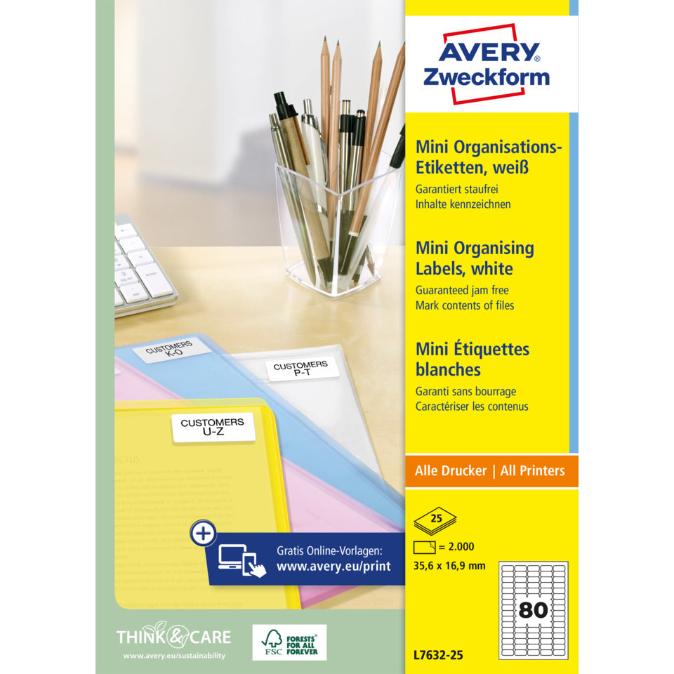 Mini-Organisations-Etiketten, 35,6 x 16,9 mm, 2.000 Stück, weiß AVERY ZWECKFORM L7632-25 ZWECKFORM L7632-25  2000St