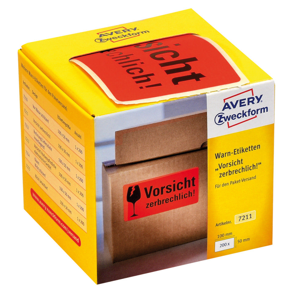 Hinweisetiketten "Zerbrechlich", 100x50mm, 200 Stück AVERY ZWECKFORM 7211 ZWECKFORM 7211 100x50mm